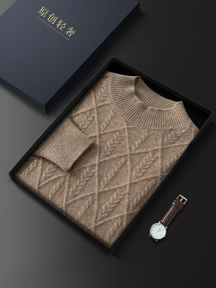

High Quality Men Autumn Winter 100% Cashmere Sweater O-neck Twist Flower Soft Warm Pullover Long Sleeve Vintage Style Jumper Top