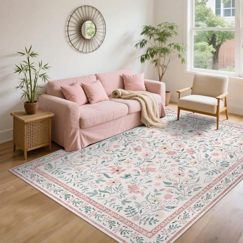 Retro Floral Living Room Carpet High-end Creative Luxury Art Design Bedroom Rug Machine Washable Non-slip Coffee Table Mat Tapis