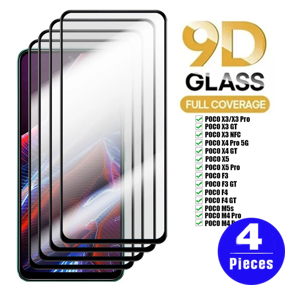 

4Pcs 9D Tempered Glass Smartphone For xiaomi Poco M4 X5 pro 5G X4 F4 F3 GT X3 NFC screen protector M5 M5s glass protective film