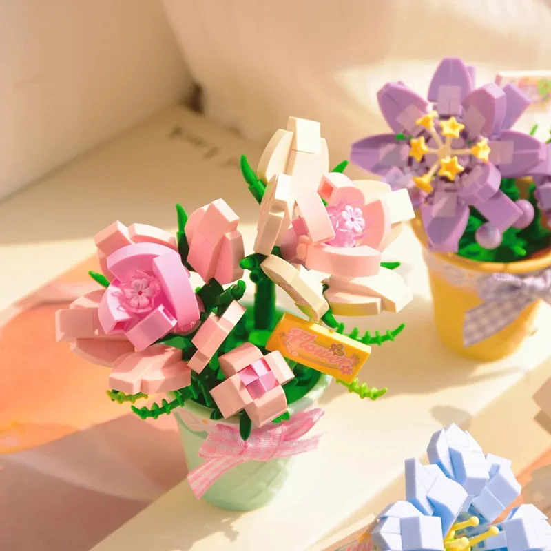 꽃 빌딩 블록 장난감, 분재 화분에 심은 꽃 DIY 선물, 홈 데코, 어버이날 생일, R 선물, 성인 및 어린이