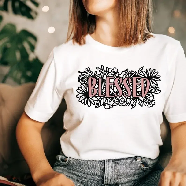 

Blessed Flower T-Shirt Christian Shirt Religious Faith Graphics Shirts 100% Cotton O Neck Female Clothing Short Sleeve Top Tees