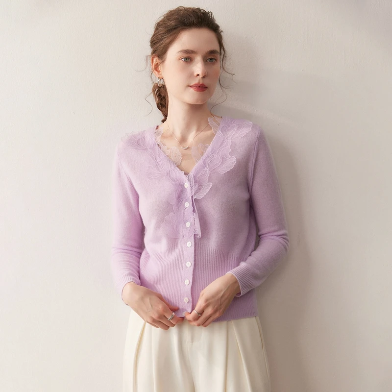 Luxury Women's 100% Cashmere Sweater Cardigans V-neck Knit Tops Autumn Winter Casual Leaf pattern lace cardigan Soft Knitwear