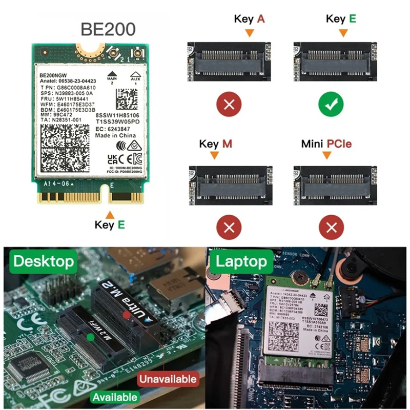 PC 노트북용 녹색 플라스틱 무선 네트워크 카드, BE200, 와이파이 7, BT5.4, 1 개