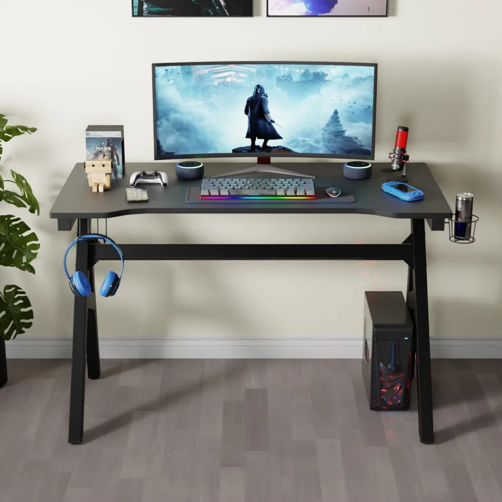 Gaming Desk with Carbon Fiber Surface, PC Workstation with Cup Holder & Headphone Hook, Suitable for Home Office 4