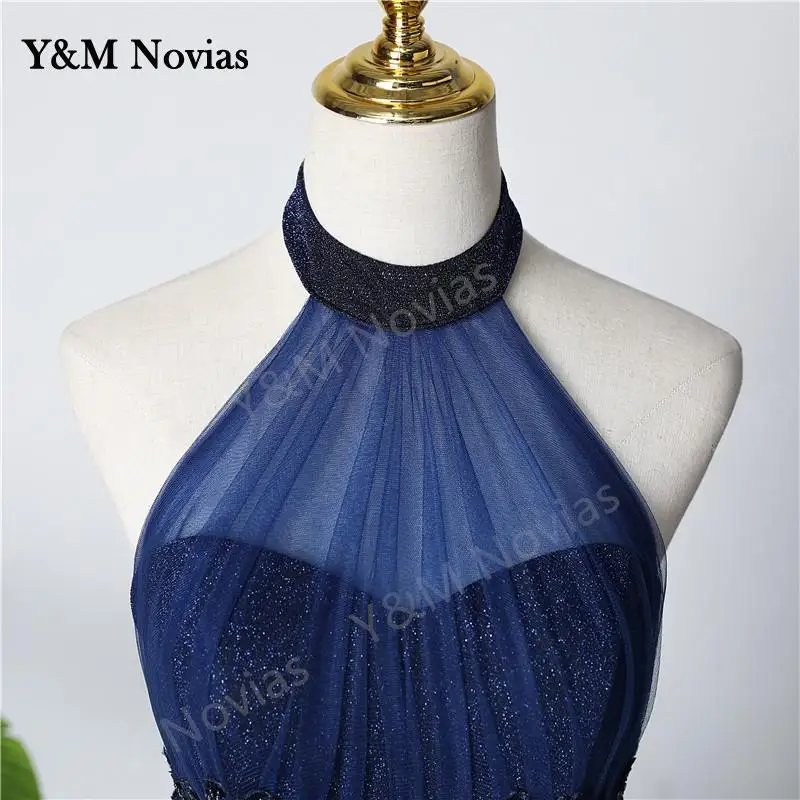 New Fashion Halter Blue Quinceanera Dress Sleeveless Ruched Lace Vestidos De 15 Debutante Gown Bohemia Princess Customized