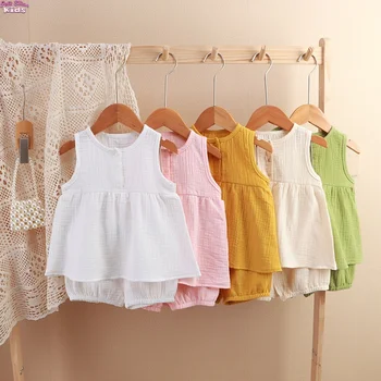 Completo da bambina in cotone Set da 1-5 anni Top e pantaloncini con volant senza maniche per bambina da 1 a 5 anni Abbigliamento casual estivo per bambini
