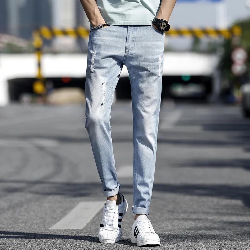 

Spring Summer Jeans Men Korean Slim Multi Color Perforated Cropped Trousers Pants