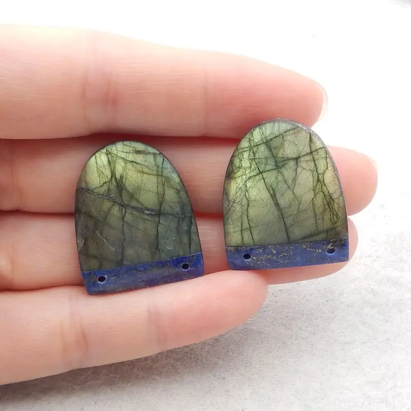 Fashion Jewelry Natural Stone Lapis Lazuli And Labradorite Double Holes Earring Bead Accessories For Women 27x22x6mm 12g