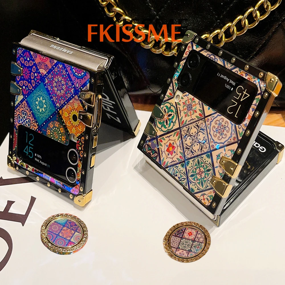 Luxury Blue Ray Plaid Vintage Flower Pattern Cover Per Samsung Galaxy Z Flip 4 Flip 5 Square Case Per Samsung Galaxy Z Flip 3