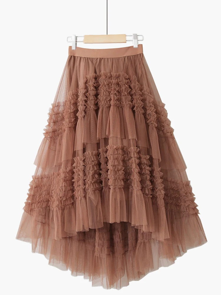 

2023 3 Layers Tiered Tutu Tulle Skirt Women Korean Fashion Beautiful Solid Irregular Short Front Long Back Mesh Skirt Female