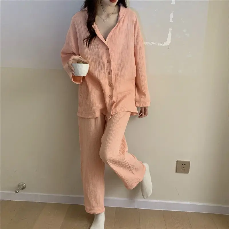 

Spring Autumn Women Pajam Set 2 Pocs with Pant Solid Ladies Sleepwear Single Breasted Loose Long Sleeve Korea Style Homewear