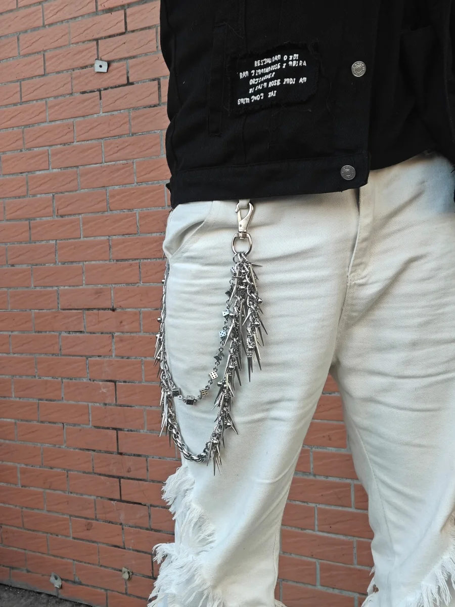 Doppelschichtige Nietenwürfel Edelstahl Silber Metall Jeans Luxus Accessoires Modische Männer und Frauen Y2k Hosenkette – Detail 5