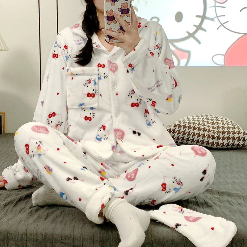

Sanrio HelloKitty Melody Kuromi Cinnamon Pochacco Coral Fleece Pajamas Girl Autumn Winter Thicken Plus Velvet Flannel Tracksuit