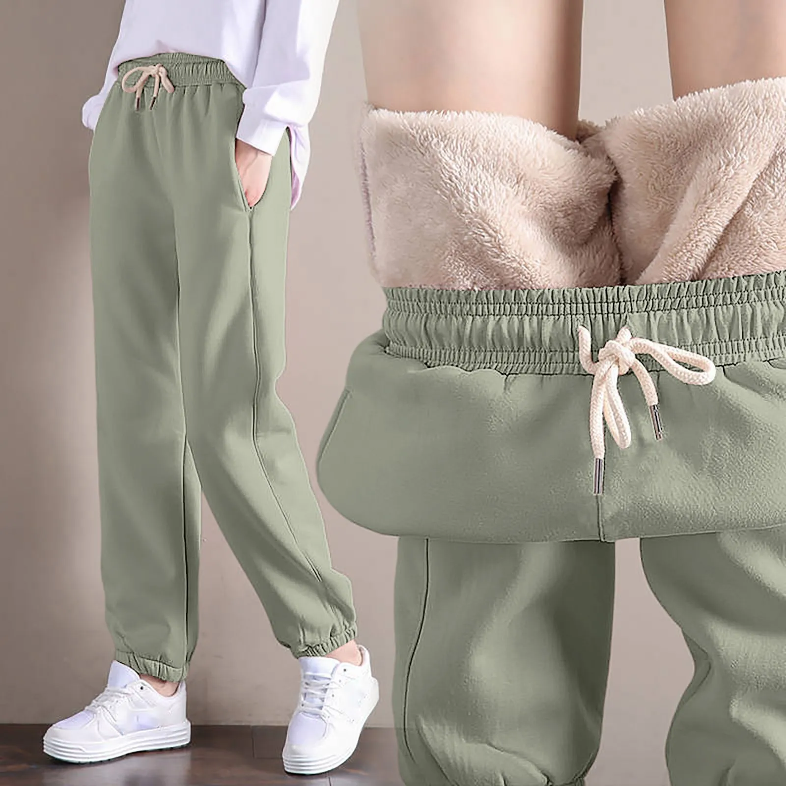 

Hot Fleece Woman Pants Winter Elastic Waist Warm Leggings Slim Thick Solid Color Pink Black Trousers Clothing Casual Plus Size