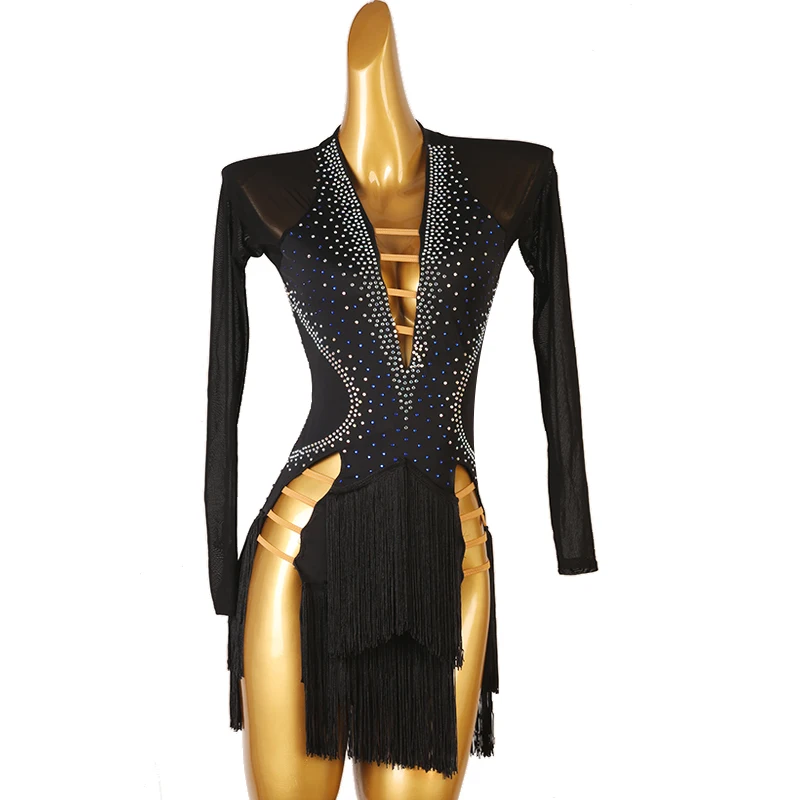 

Latin Dance Dress Competition Costumes Performing Rhinestones Tassel Skirt Women Ballroom Practice Training Wear Custom Size