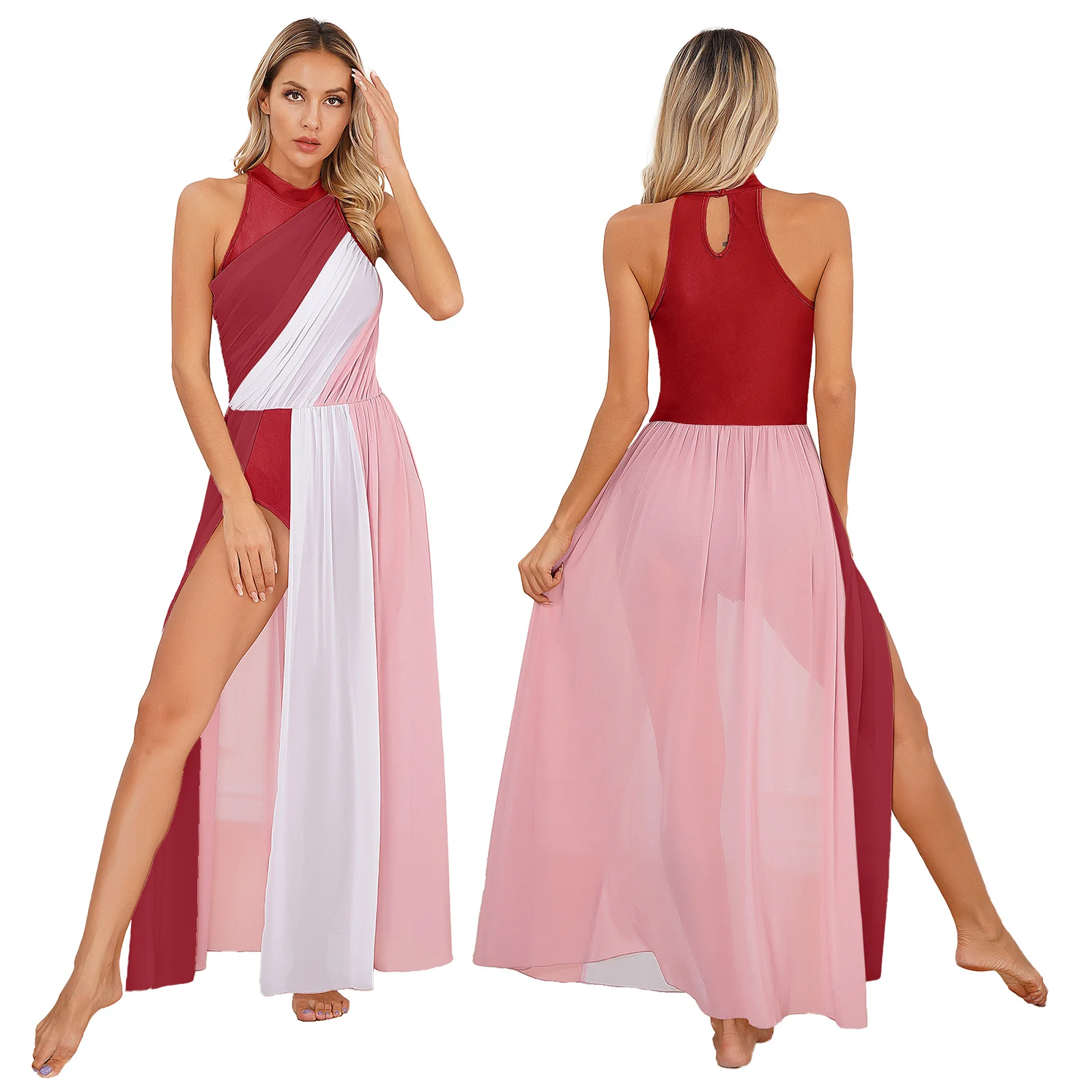 thumbnail image 1 of Disfraz de leotardo de gimnasia lírica de Ballet para mujer, vestidos con tutú de bailarina para fiesta de graduación sin mangas con cuello simulado, Ropa de baile moderna, 1 of 5