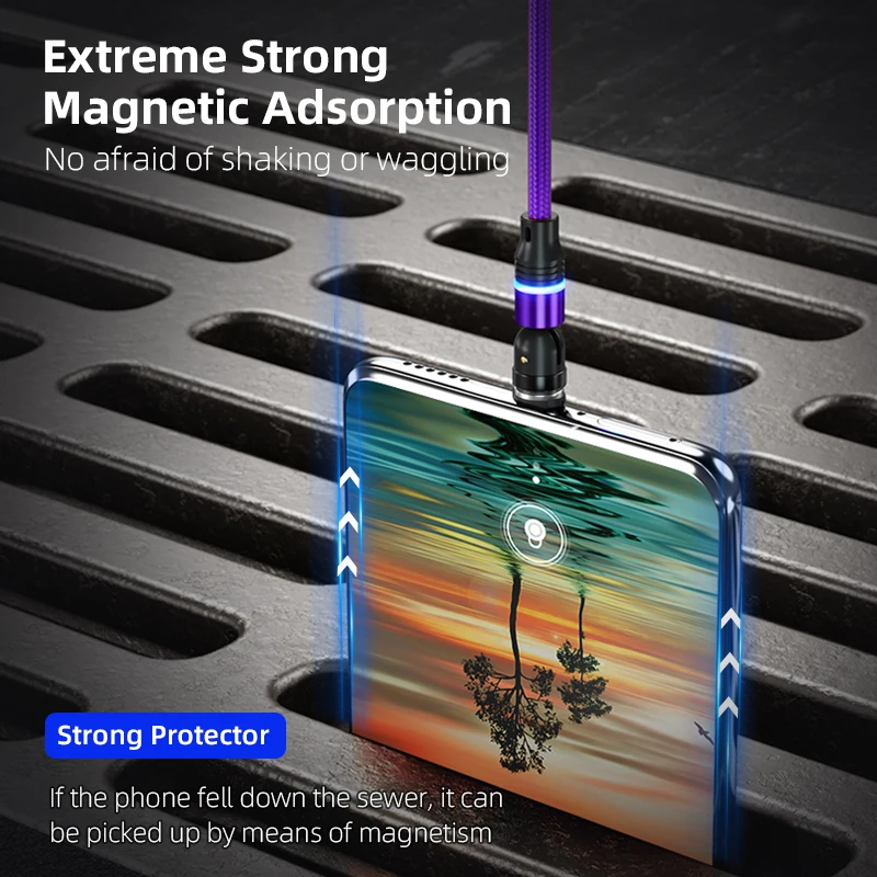 AUFU 3 in 1 540 Rotate Magnetic Type C Cable Micro USB Magnet Fast Charging Cable With LED For iPhone Xiaomi Huawei Samsung POCO