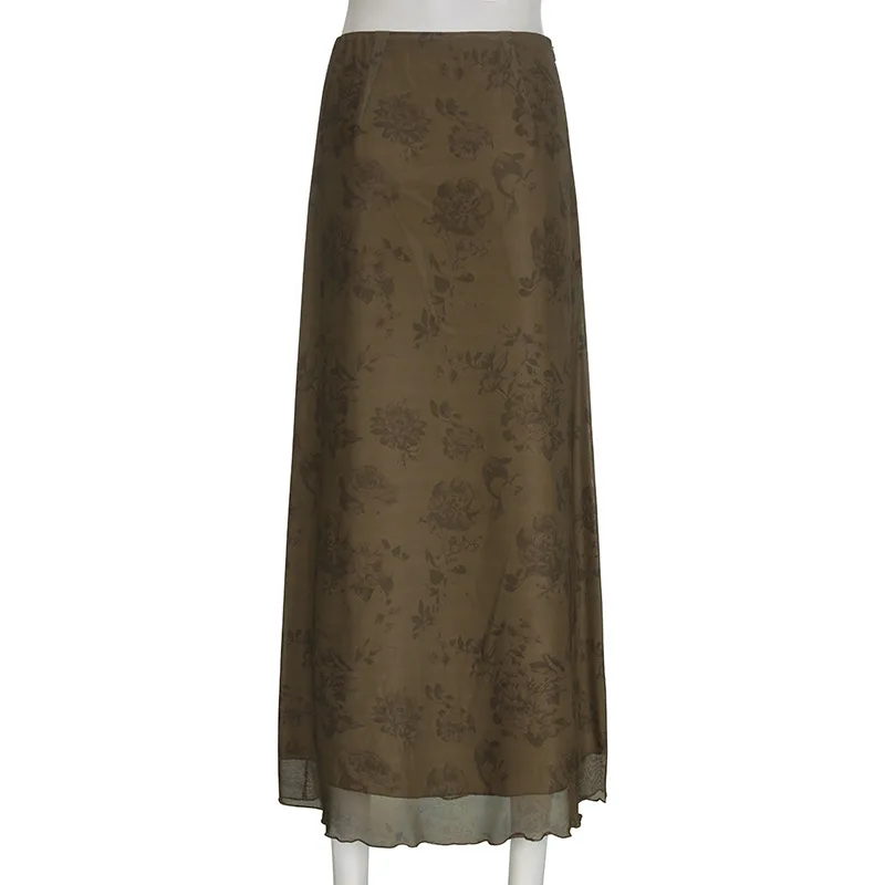 Falda larga Y2K para mujer, ropa vintage, estampado floral, cintura alta, faldas de malla, faldas grunge de los años 2000, ropa de fiesta, ropa de calle