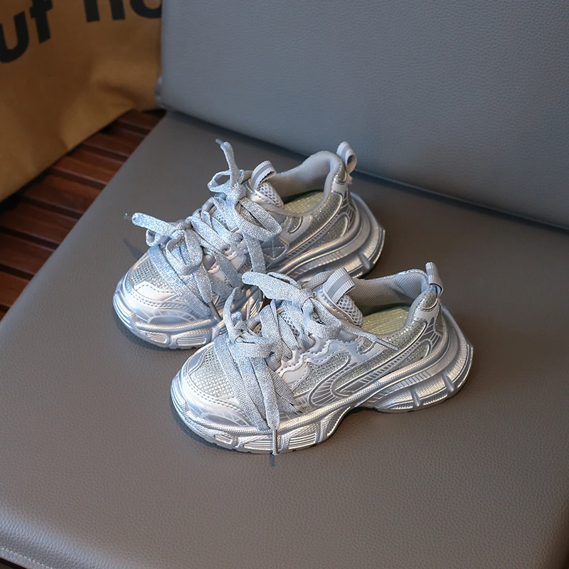 Silver Mesh Kids Chunky Sneakers Breathable School Sports Shoes