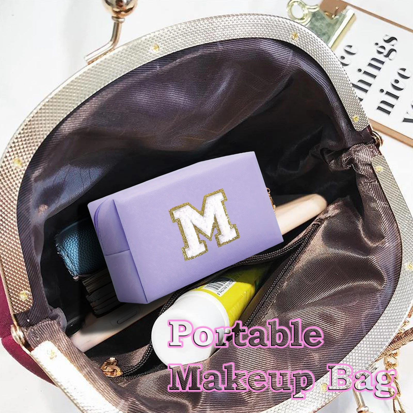Small Personalized Initial Letter Makeup Bag Cute Waterproof PU Leather Cosmetic Bag Preppy Makeup Pouch Toiletry Zipper 3