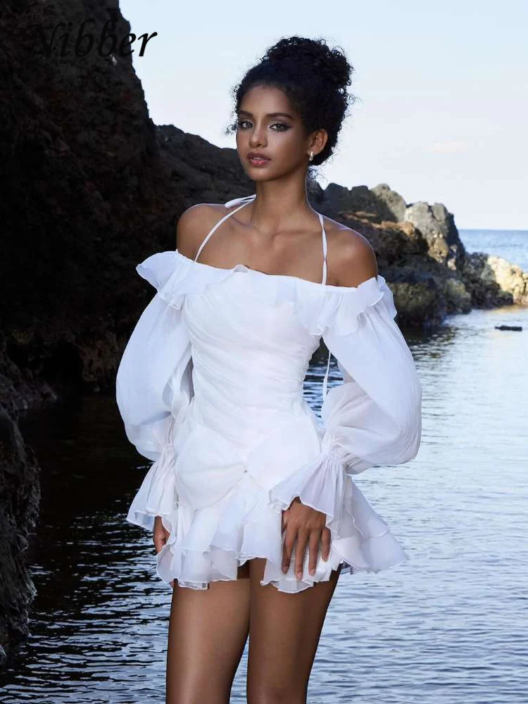 Nibber Elegant Sexy Dress Women Temperament Trend Lace-Up Ruffles Stretch Halter Mesh Flared Sleeves Pleated Hem Wedding Bodycon