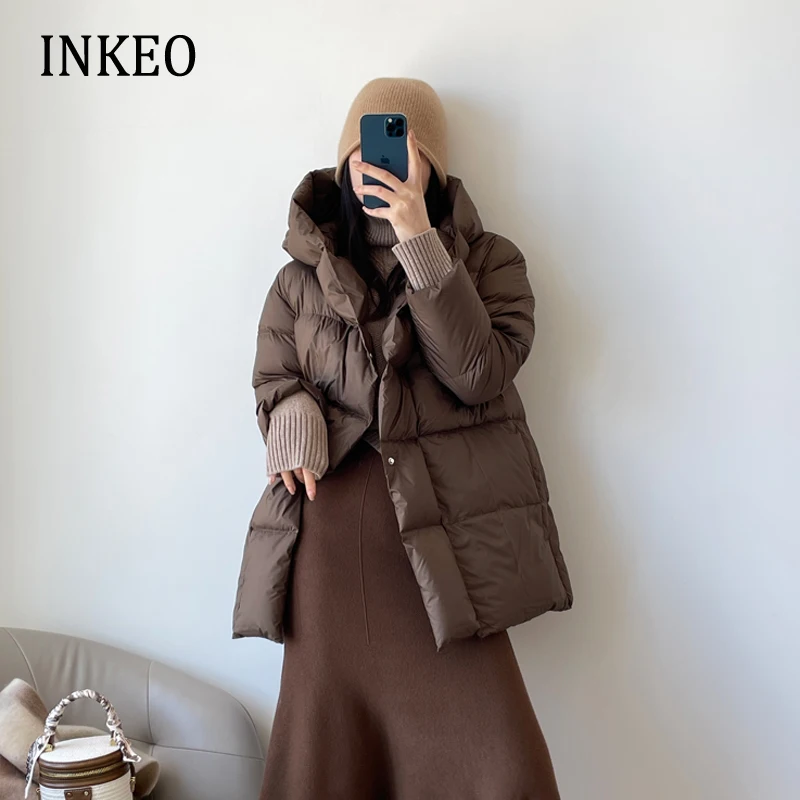 

Winter Hooded Women Belt puffer jackets Thick warm Luxury Fluffy 90% white duck down coat 2023 New Female Outwear INKEO 2O371