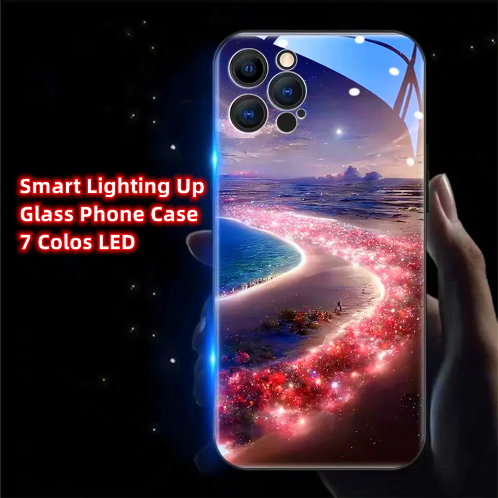 Luminous Rose Beach Sound Music Control Led Light Phone Case For iPhone 15 14 13 12 11 Pro Max XR XS Plus 6 7 8 SE2020
