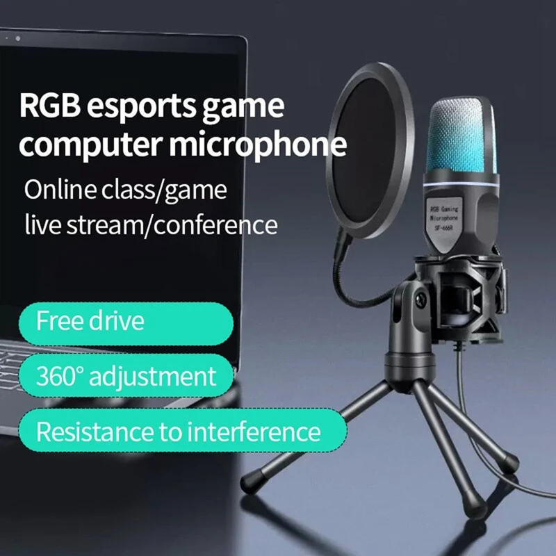 

Конденсаторный USB-микрофон SF666R RGB, игровой микрофон для студийной записи подкастов и потоковой передачи данных, для ноутбуков и настольных ПК