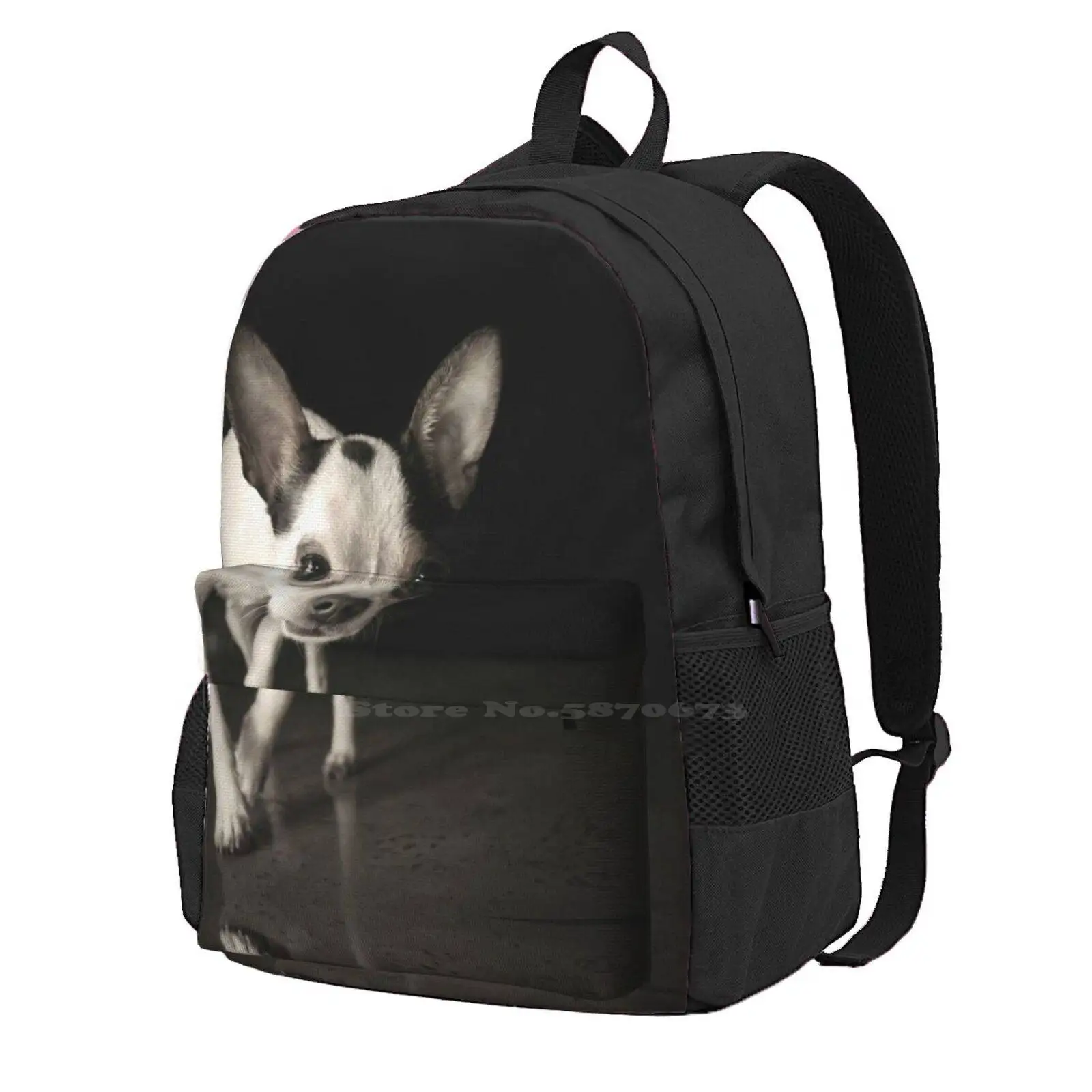 

Chihuahua Black & White Hot Sale Backpack Fashion Bags Black Chihuahua Cross Dog Ears Funny Legged Pet Playing Pose Small White
