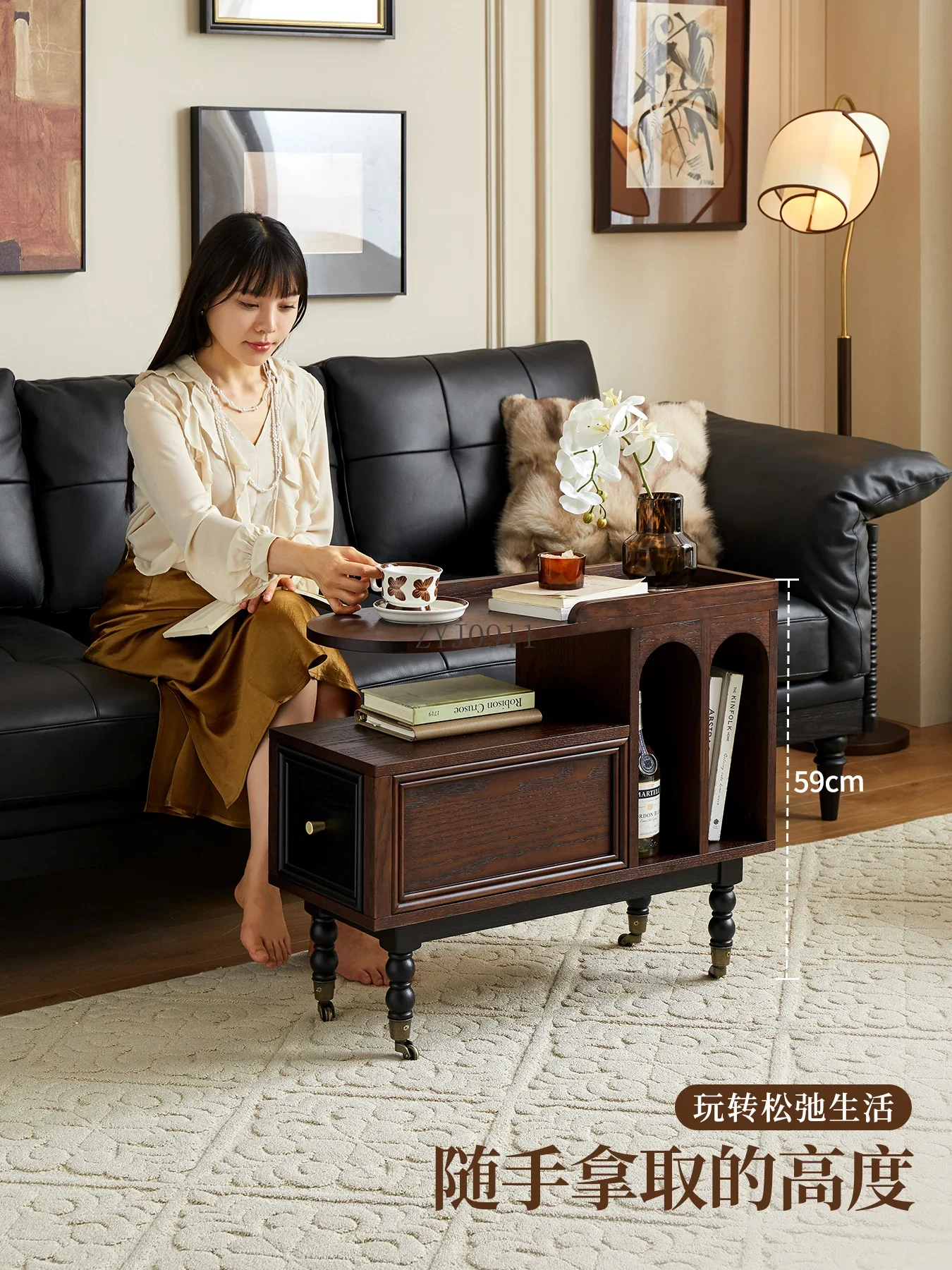 French retro solid wood movable trolley antique living room sofa side coffee table