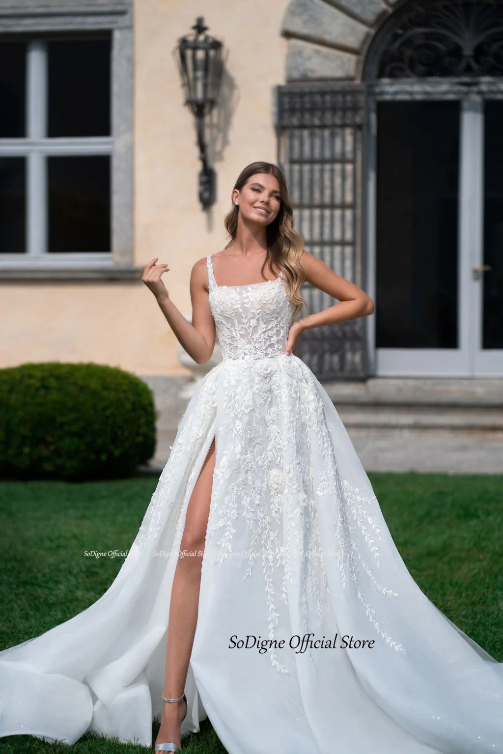 SoDigne Luxury A-line Wedding Dresses Square Collar Sleeveless Bridal Gown Beach Backless Appliques Tulle Split Bridal Dress 12 S5be5fbfe1c7b499fb14a3f7c19023cc9L