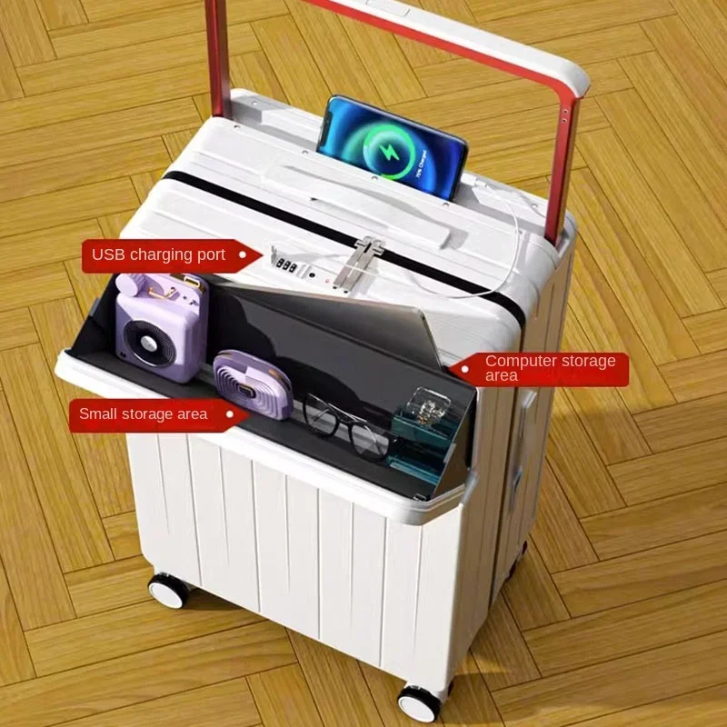 Suitcase Wide Lever Carrying Case Front Opening Computer Layer with Cup Holder USB Port Zipper Silent Swivel Wheel Luggage