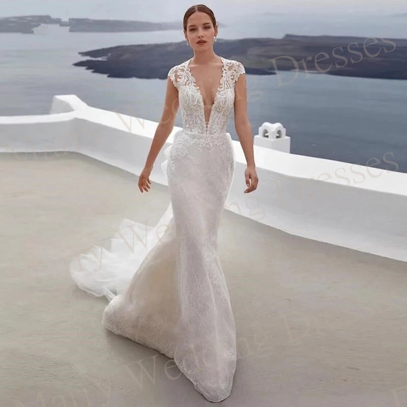 

Modern Deep V-Neck Wedding Dresses Graceful Appliques Lace Sheath Beach Bride Gowns Backless Sleeveless Tulle Vestido De Noiva