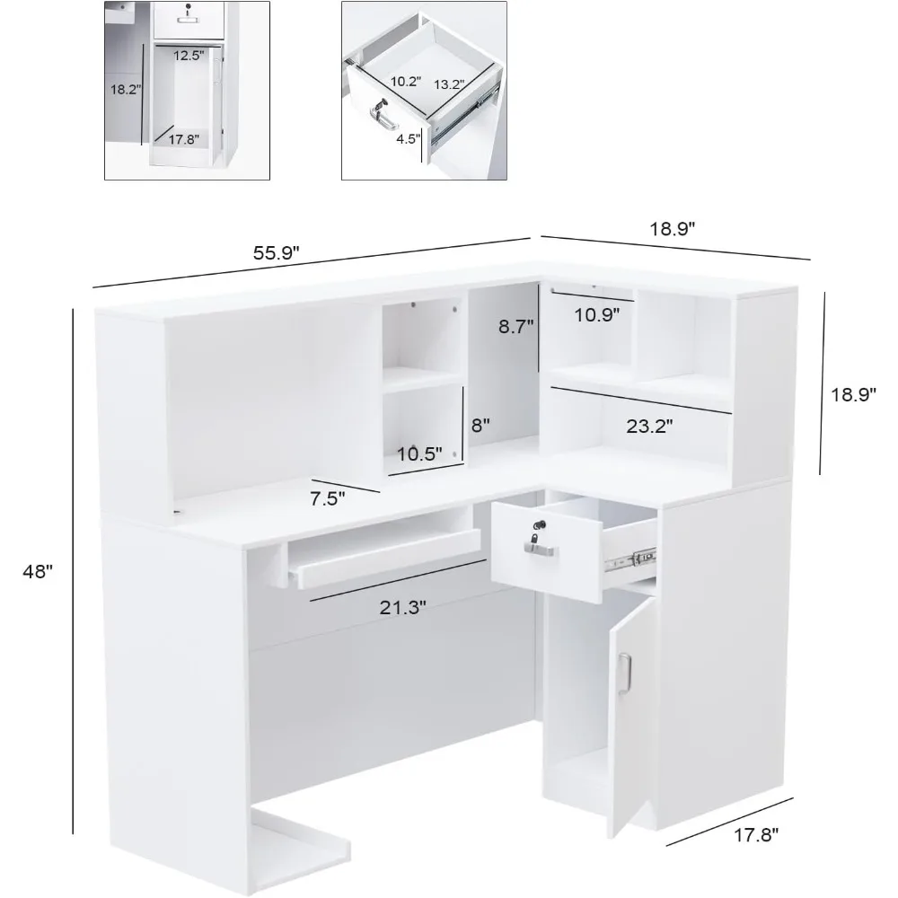 Reception Desk, L Shaped Standing Front Desk Reception with Counter, Lockable Drawers & Adjustable Shelf for Salon Office