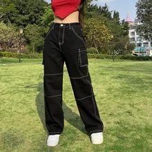 

Women Jeans Spring Autumn Loose Overalls Straight-Leg Pants Women High Waist Pocket Stitching Jeans Vintage Streetwear Overalls