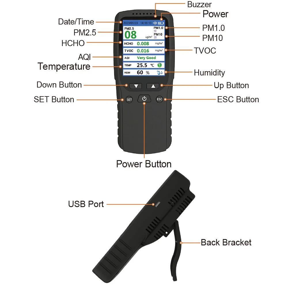 최신 고정밀 휴대용 공기질 감지기, TVOC HCHO 센서 테스터 트랙, PM2.5 연무 먼지 계량기, 가스 감지, 신제품