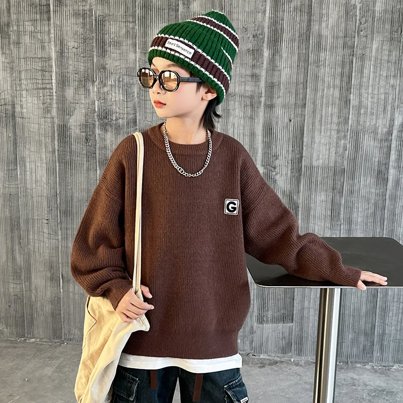 

Korean Spring Autumn Children Boy Knitted Top Elementary Boy O-neck Sweater Pullover School Boy Thicken Knitwears Undershirts
