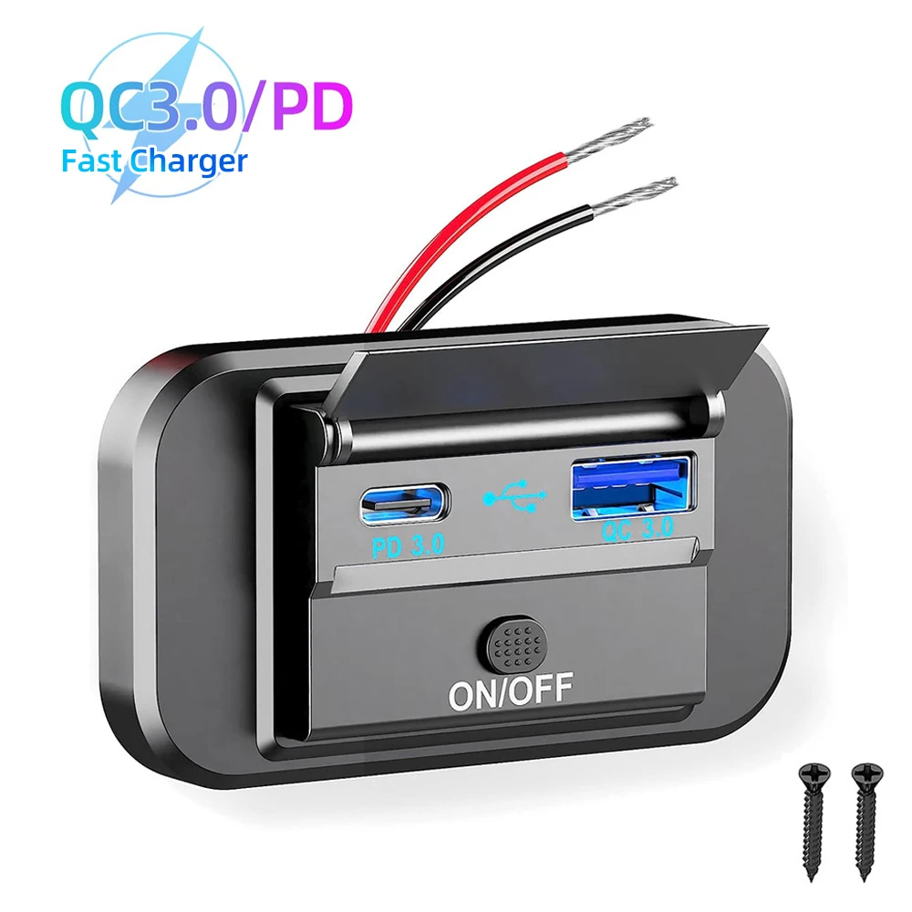 

QC3.0 PD Type C Quick Charge Car Charger Socket Adapter 12V/24V Dual USB Ports Power Panel With Swith For Marine Motorcycles