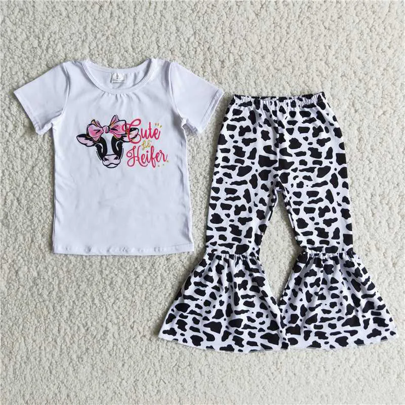 

New Spring Summer Fashion Kids Girl White Bull Head Print Top Cow Print Flare Pants Wholesale Fashion Design Boutique Outfits
