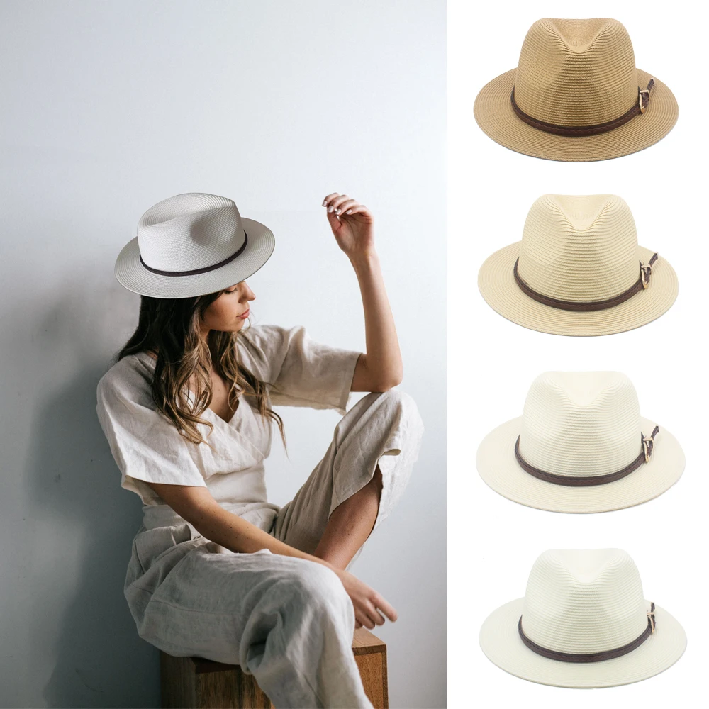 

Men Women Soft Straw Panama Hats Summer Fedora Middle Brim Sunhats Trilby Caps Street Beach Travel Sombrero Size US 7 1/4 UK L