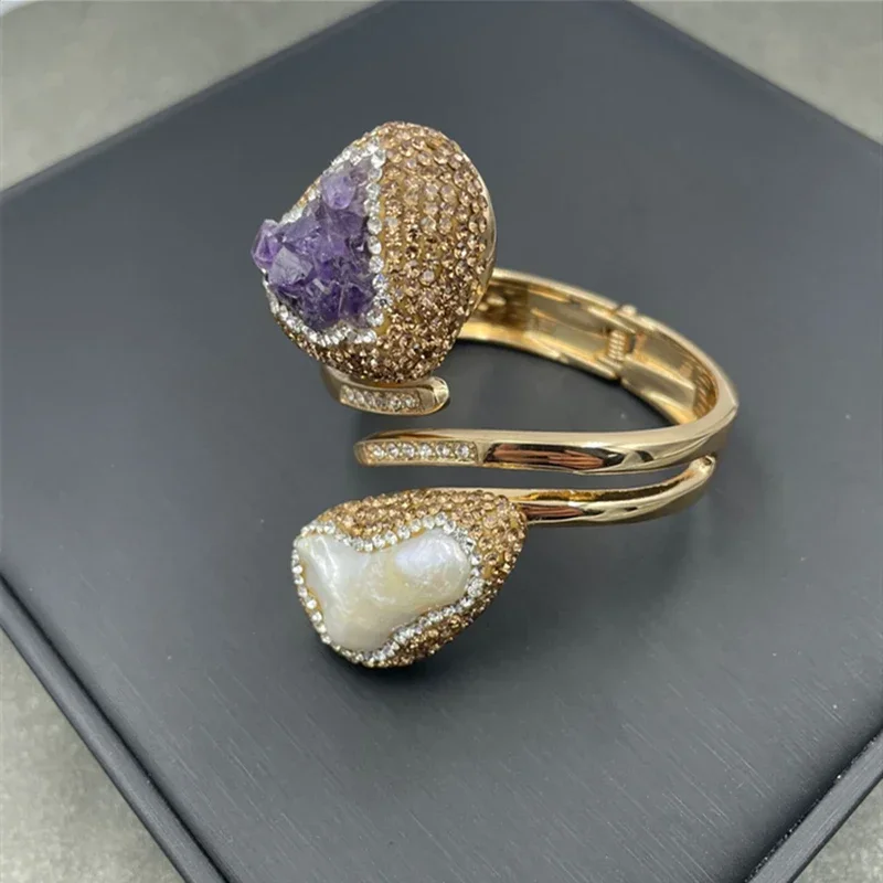 Natural Amethyst Baroque Freshwater Pearl Cuff Bracelet Turkish Crystal Quartz Exquisite Women's Banquet Jewelry Accessories