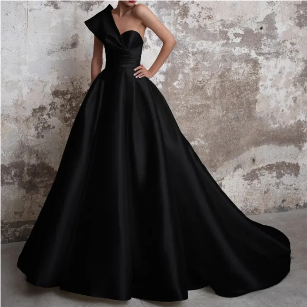 

New Elegant Satin Evening Prom Dresses Long 2024 Black Formal Gowns One Shoulder Abiye Gece Elbisesi Robes De Vestidos De Fiesta