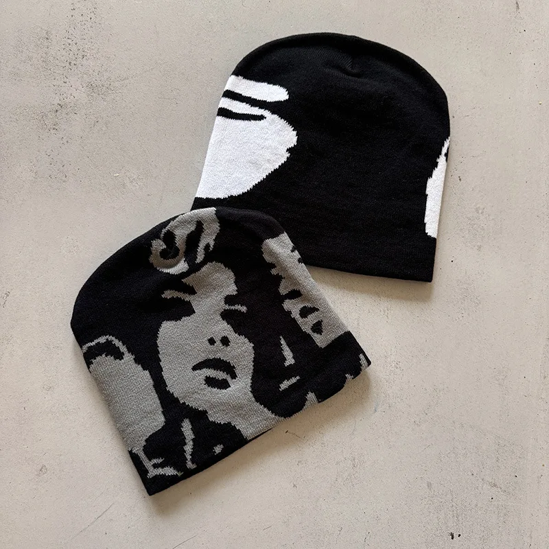 1 Stück Gesichtsmuster Intarsia Beanie Hüte, Winter Lässige winddichte elastische Totenkopfmütze, geeignet für Outdoor-Aktivitäten und den täglichen Gebrauch – Detail 4