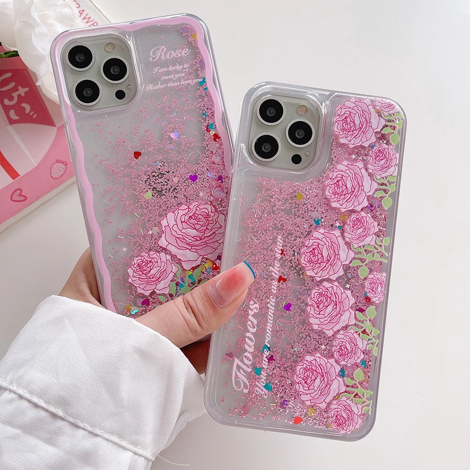 Dynamic Quicksand Cute Pink Flower Phone Case For iPhone 13 12 Mini 11
