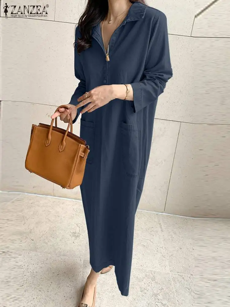 

Модное офисное джинсовое платье ZANZEA с длинным рукавом, свободная рубашка с отворотом, Женский Повседневный Однотонный сарафан, Женские Элегантные платья 2023