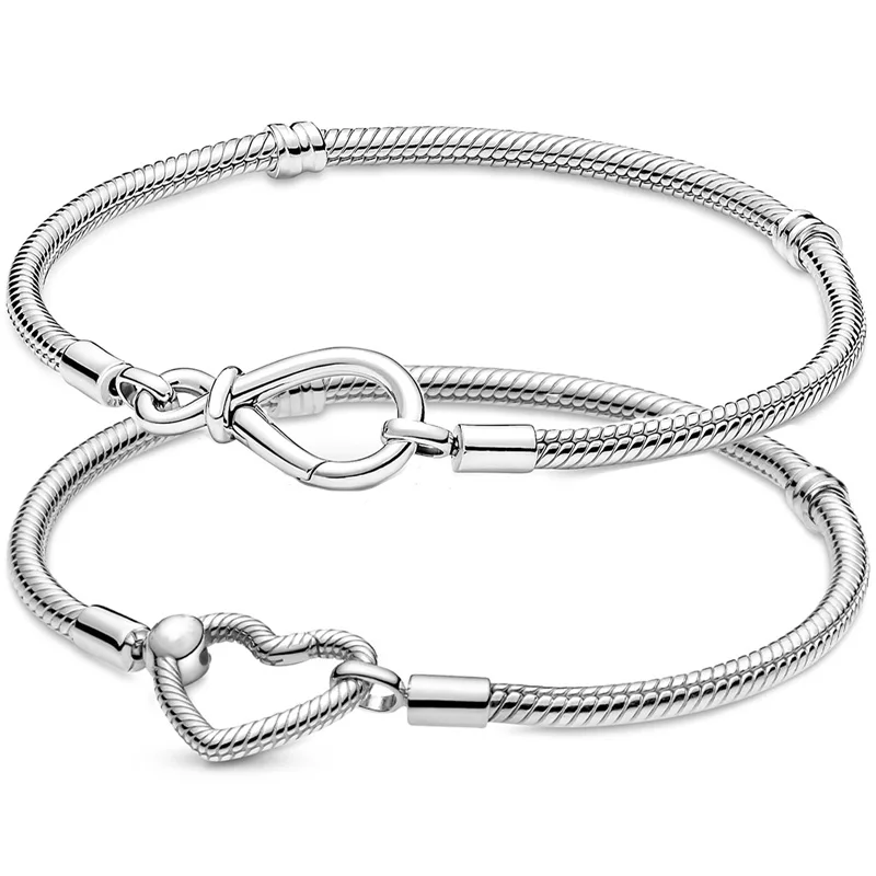 

100% 925 Sterling Silver Moments Infinity Knot Heart Closure Snake Chain Bracelet Fit Europe Bangle Bead Charm Jewelry