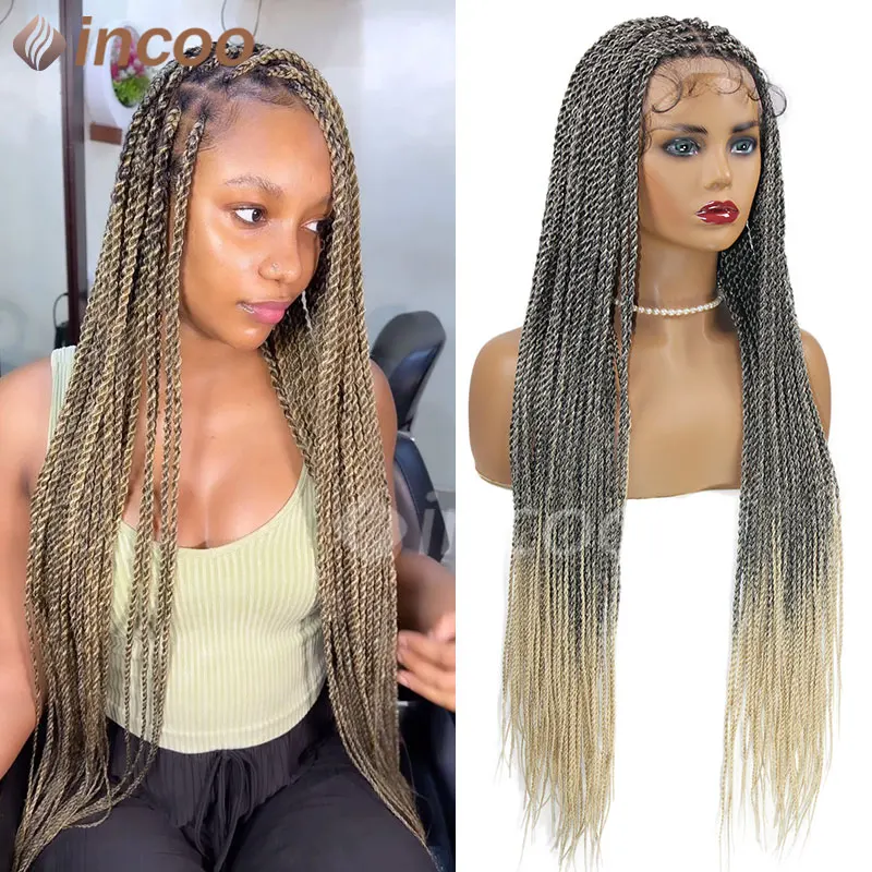 

36 Inch Senegalese Twist Braided Wigs Ombre 613 Burgundy Box Braids full Lace Front Wig with Baby Hair Synthetic Faux Locs Wig