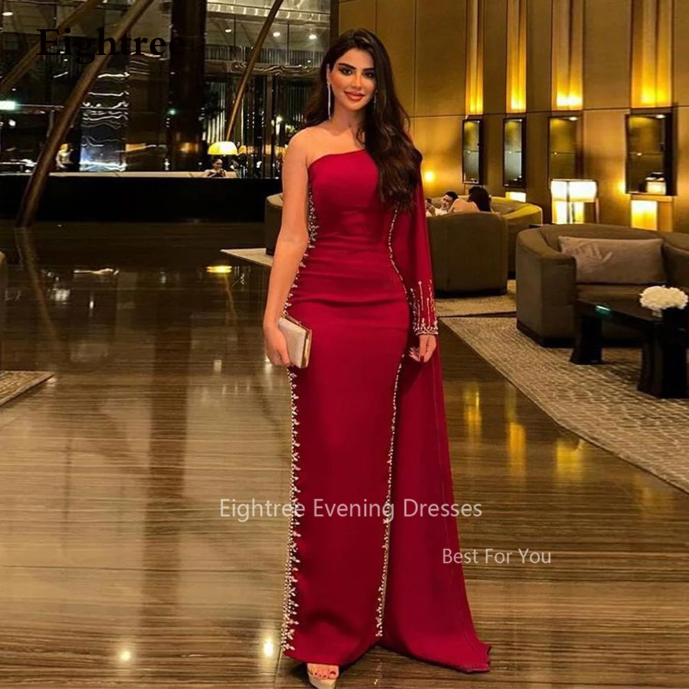 

Eightree Red Evening Dresses One Shoulder Long Sleeves Simple Celebrity Arabic Women Formal Party Gowns Wedding Draped Train