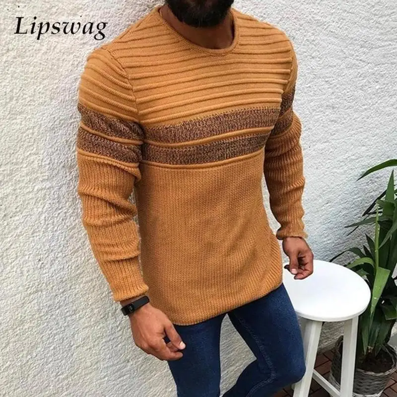 

Slim Elastic Knitted Tops Mens Fashion Striped Crochet O Neck Sweaters Men Clothing Fall Casual Knit Long Sleeve Sweater Jumpers