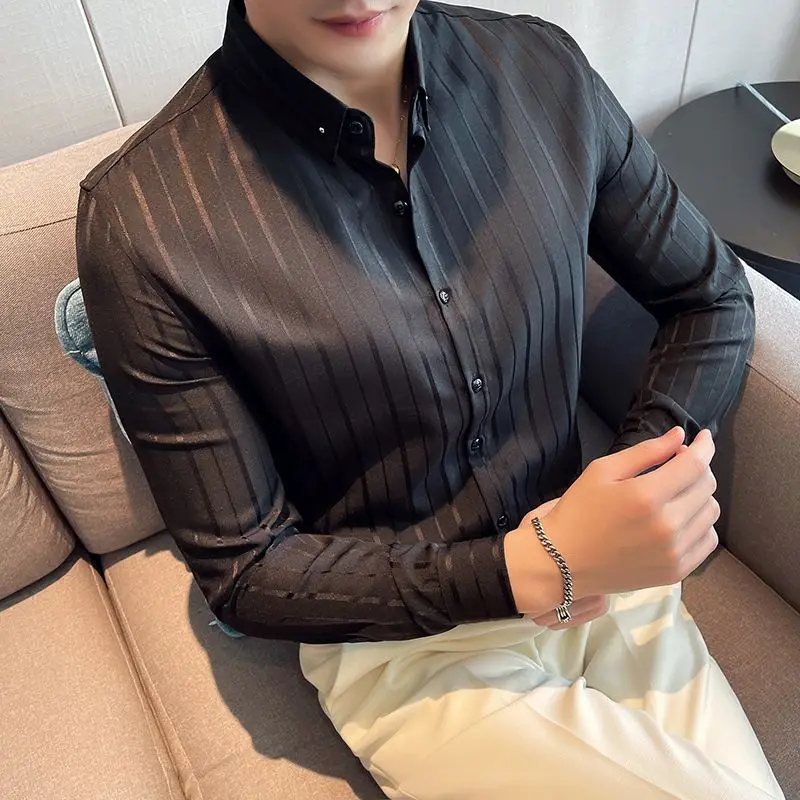 

Striped Black Muscle Shirts and Blouses for Men Long Sleeve Man Tops with Sleeves Casual Original Luxury Korean Style S Clothing